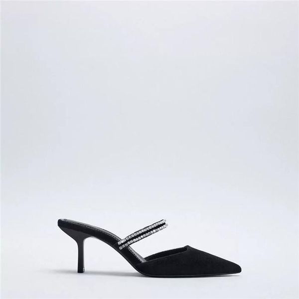 

pointed thin heel women's sandals suede water drill baotou sandal, Black