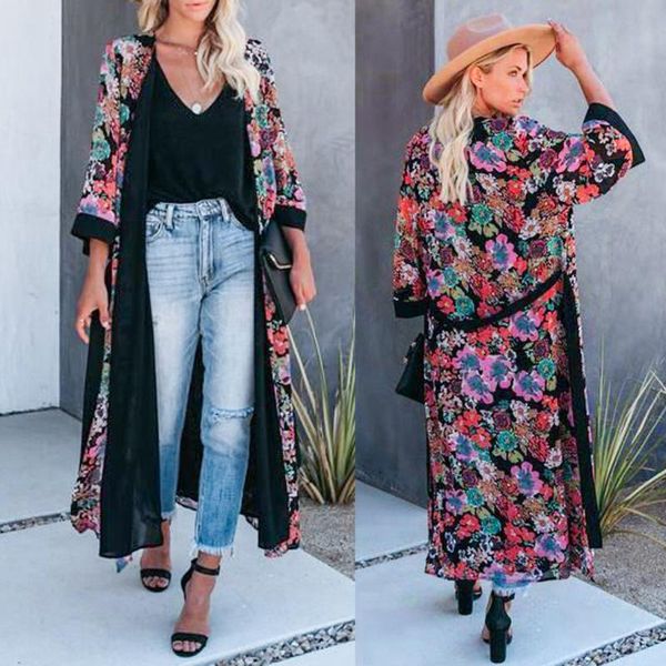 

women's swimwear anti-uv bikini cover-ups for women loose floral print blouse summer casual boho chiffon coat shawl kimono cardigan pl, White;black