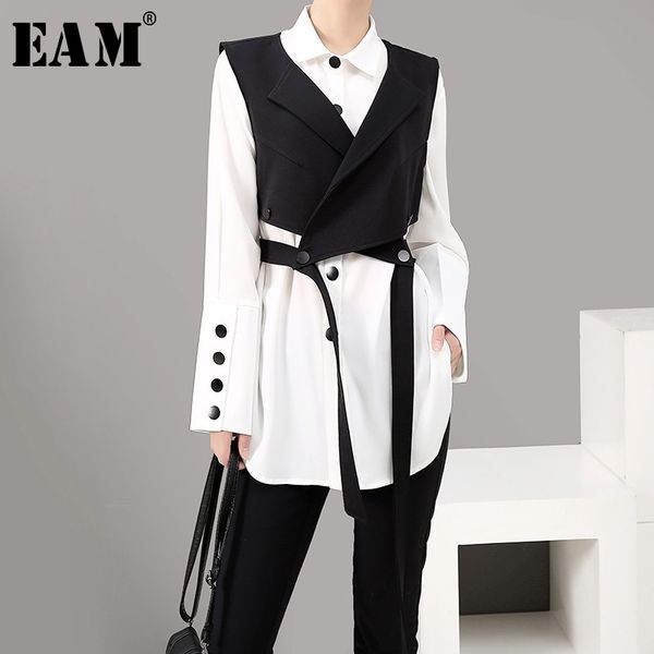 

[eam] women two piece blouse strap black button new lapel long sleeve loose fit shirt fashion tide spring autumn 1a182 210410, White