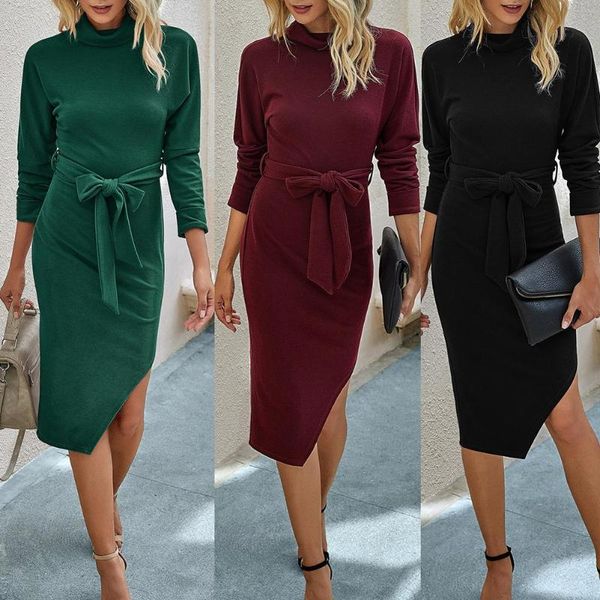

plus size women slim dress long sleeve irregular solid color bandage bodycon party fashion vestidos femme robe 2021 skirts, Black