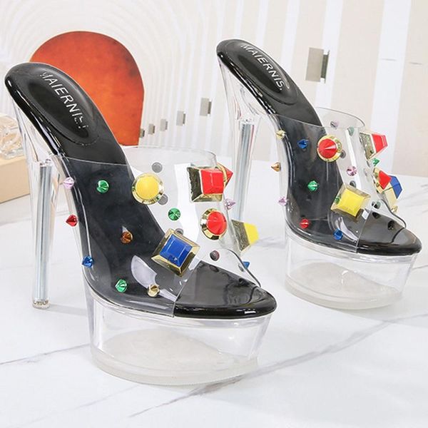 

plus size 35-43 slippers roman style women's shoes stilettos super high heels open toe colorful rivet sandals, Black