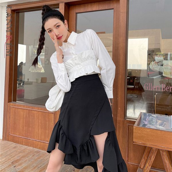 

women white bandage pleated ruffle blouse lapel long sleeve loose fit shirt fashion tide spring autumn 2e1081 210507
