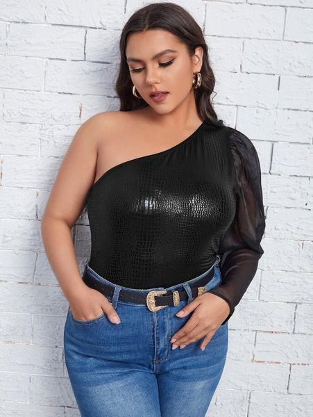 

plus one shoulder croc embossed contrast mesh pu leather 667e#, Black