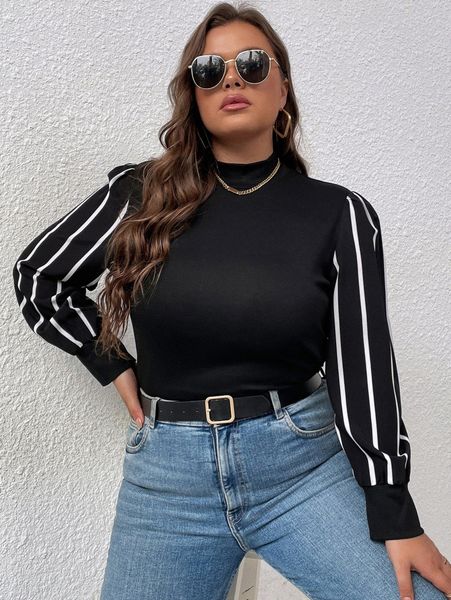 

plus vertical striped puff sleeve mock neck tee l0to#, Black