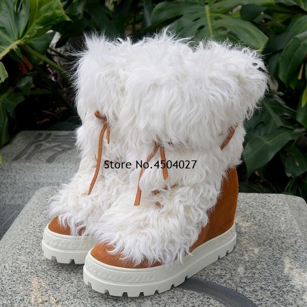 

boots women winter fur snow round toe lace up ankle platform height increased female shoes, Black