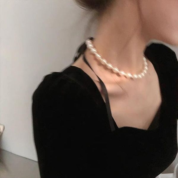 

pendant necklaces u-magical temperament black bow-knot ribbon chokers necklace for women luxury imitation pearl beaded party jewelry, Silver