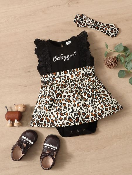 

baby letter & leopard print lace trim combo bodysuit dress she, Red;yellow