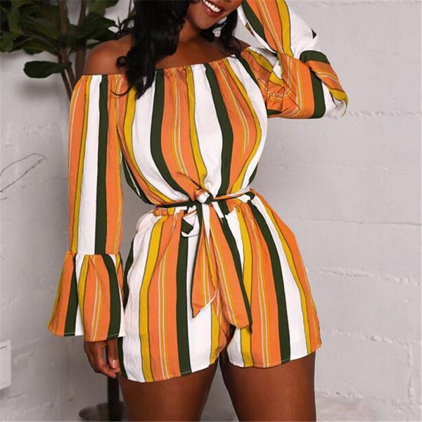 

women's jumpsuits & rompers women off-shoulder jumpsuit ladies long sleeve clubwear playsuit bodycon elegant woman party striped jumpsu, Black;white