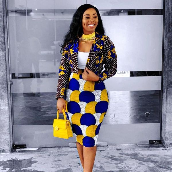 

women's tracksuits autumn print two piece set women short suit skirt africa casual plus size slim split office pencil bodycon sets, Gray