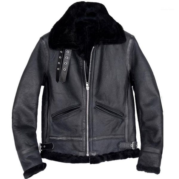 Herren Leder Faux 2021 Schwarze Männer Militär B3 Bomberjacke Plus Größe XXXL Echtes Schaffell Russischer Winter Warmer Shearling Mantel