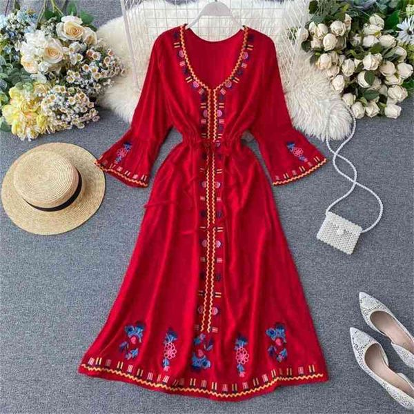 

women holiday retro ethnic embroidered flare sleeve drawstring waist a-line dress v neck elegant vestidos k437 210527, Black;gray