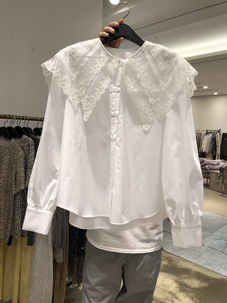 

spring new all match solid lace patchwork peter pan collar full white shirt women's loose 210421