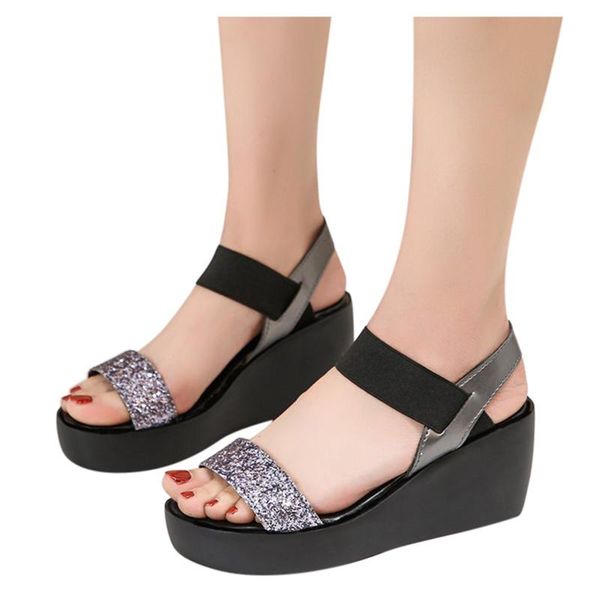 

sandals thick bottom fashion women summer elastic band wedges beach shoes anti-slip open toe breathable crystal slippers, Black