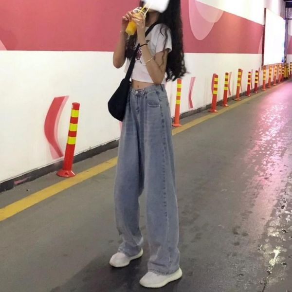 

women's jeans woman pants straight high waist autumn summer loose adjustable trousers pantalones vaqueros mujer, Blue