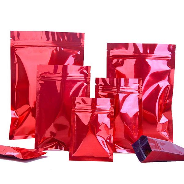 

storage bags 100pcs/lot glossy red mylar foil flat bag tear notch resealable reusable dried fruits nuts coffee bean pack pouches