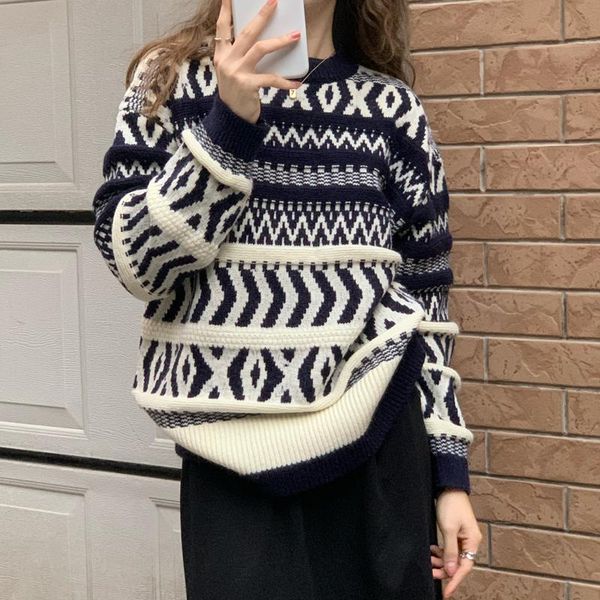 

women's sweaters japanese sweater hooded lazy style vintage jacket autumn-winter thickened loose retro hong kong knitted, White;black