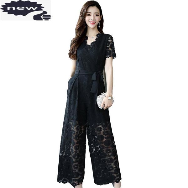 

women's jumpsuits & rompers arrival summer fashion hollow out floral lace wide leg elegant slim fit sleeveless women, Black;white