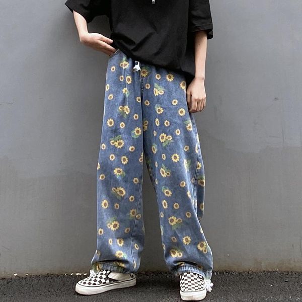 

women's jeans harajuku sunflower print female vintage washed loose high waist straight pants fashion harem women man, Blue