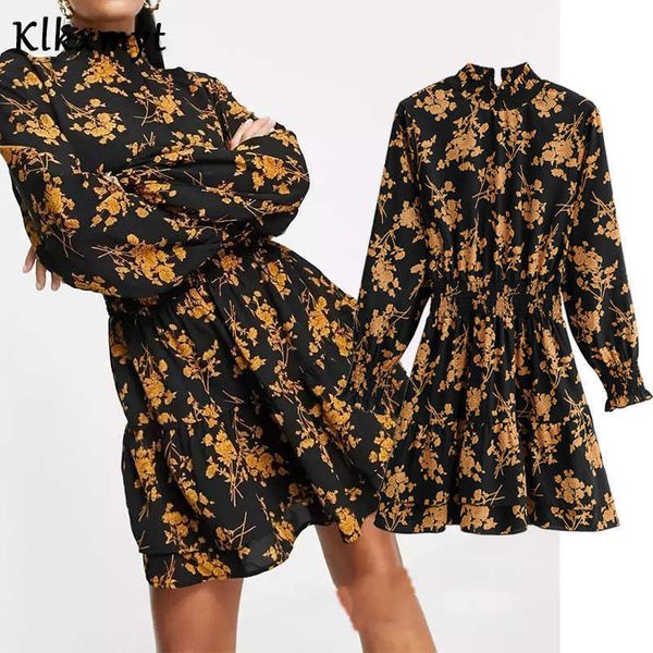 

klkxmyt za dress women chic fashion floral print mini vintage long sleeve elastic waist female es vestidos mujer 210527, Black;gray