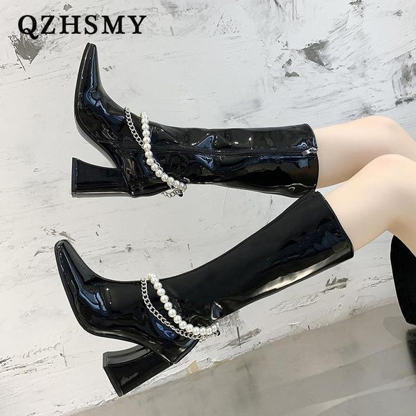 

boots women's style autumn winter leather knee high boot women shoes small square chunky heel bare zapatos mujer, Black