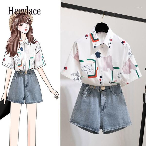 

summer vintage print school blouse shirt high waist jeans shorts two piece set casual women biker tracksuit dress, White