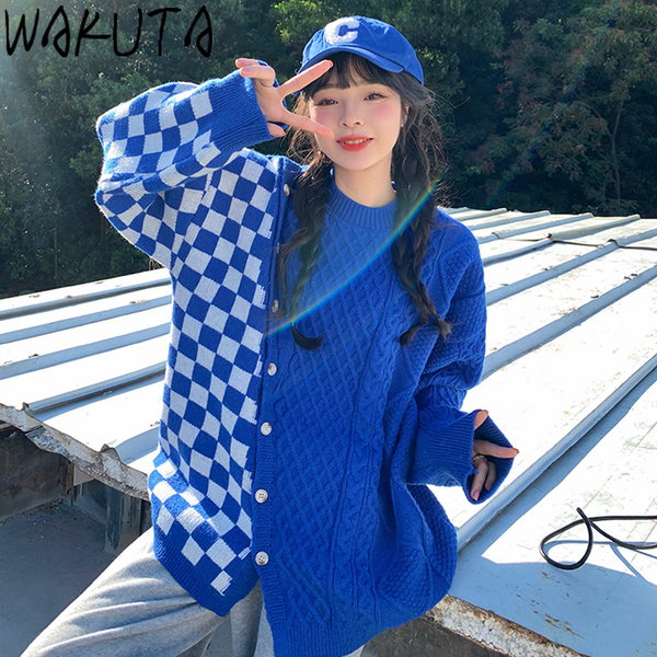 

streetwear oversize plaid pillovers sweaters chic female patchwork loose long sleeve o neck knitwear jumper korean 2021, White;black