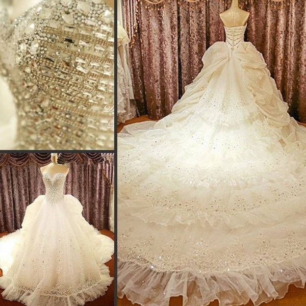 

luxury charming arabic wedding dresses formal bridal gowns plus size illusion full lace appliques crystal beading chapel train, White