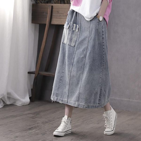 

skirts oversize women's mid-length patch high-waisted spring fall jeans skirt with pocket stitching casual denim midi r363, Black