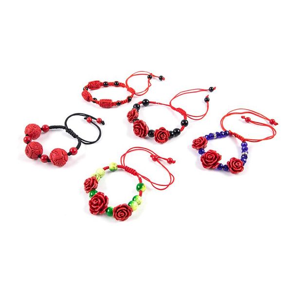 Bracciale Tennis Da Donna Con Rosa, Fiore Di Cinabro Intagliato Laccato, Artigianato Etnico, Per Corda Rossa Con Perline