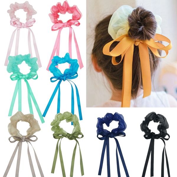 

infant solid color ribbon bowknot elastic hairband fashion chiffon large intestine hair rope baby ponytail headwear p props, Slivery;white
