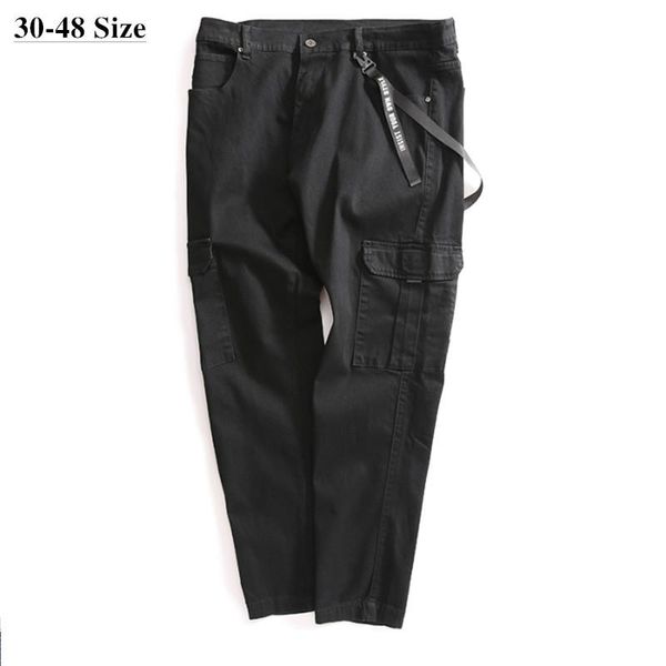 

plus size 42 44 46 48 men's hip hop black jeans 2021 autumn loose straight elastic overalls denim pants brand trousers, Blue