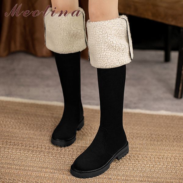

meotina over the knee boots women shoes buckle platform thick heels long boots wool fur zip warm ladies boots winter khaki 33-43 210520, Black