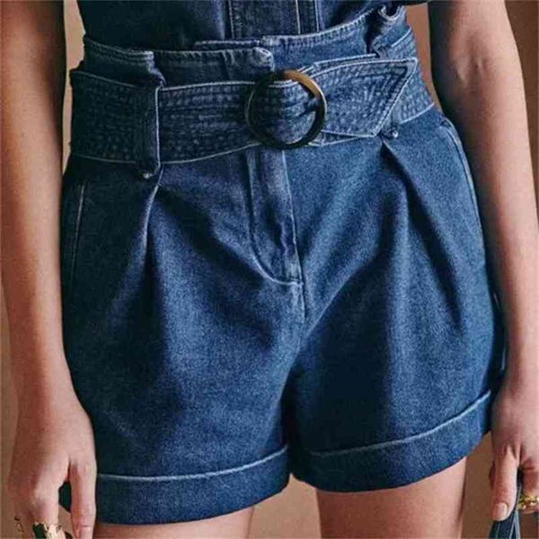 Enrolled denim shorts feminino cintura alta simples senhoras cor sólidas casual com faixas verão 210719