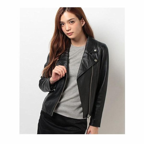 

women's leather & faux classic locomotive jacket pure sheepskin slim fit short autumn and winter, Black