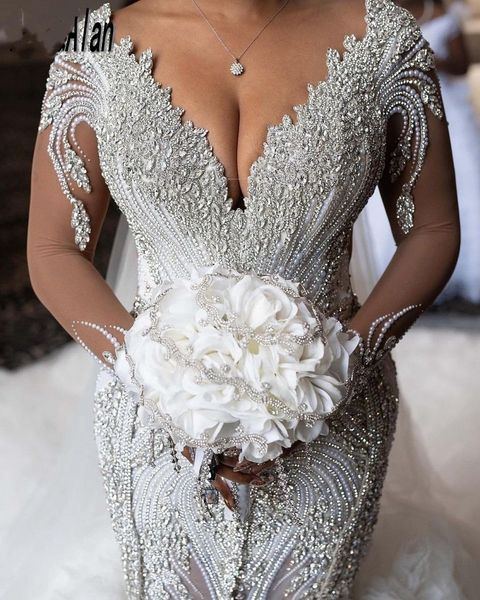 Luxuoso cristal pérolas sereia vestidos de casamento vestidos de noiva mangas compridas decote em v em camadas babados capela trem robe de soiree maria320s