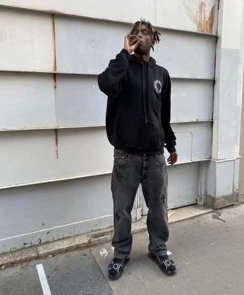 

jeans high street ch tide brand crow cross vintage casual washing black denim pants straight tube men and women, Blue