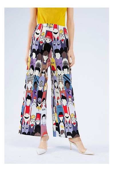

dresses fashion miyake hip hop cartoon print pleated casual straight pants, White
