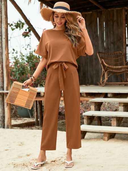 

batwing sleeve tee & belted pants w7y3#, White