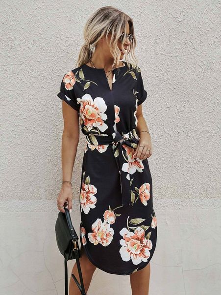 

notched neck floral print belted dress r2hv#, Black;gray
