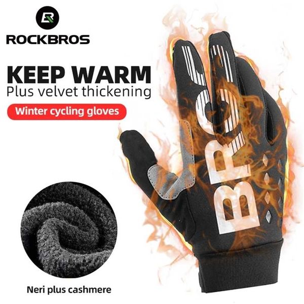 

rockbros winter cycling gloves bicycle windproof thermal warm fleece motorcycle skiing bike 211124, Blue;gray