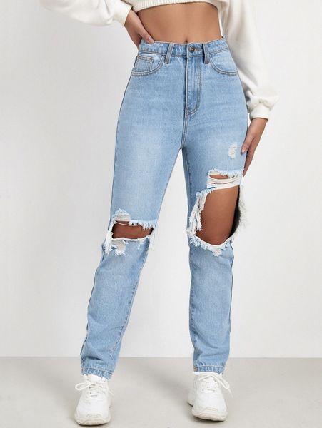 

light washed ripped straight jeans n7l2#, Blue