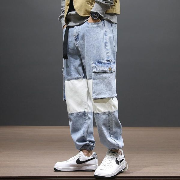 

men's jeans fashion streetwear men loose fit patchwork spliced designer denim cargo pants big pocket wide leg trousers hip hop joggers, Blue