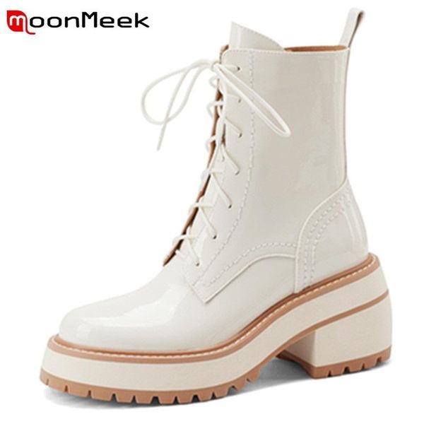

boots moonmeek 2022 arrival lace up zipper women winter shoes fashion genuine leather platform leisure simple ankle, Black