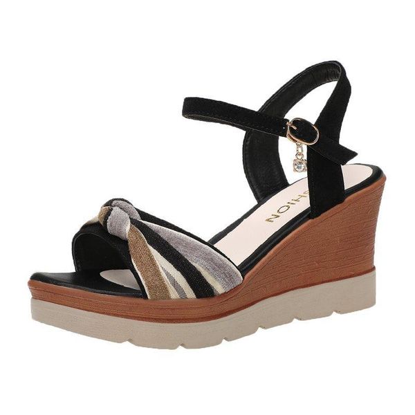 

sandals 2021 women's summer wedge platform buckle strap open toe high heel fashion shoes d018, Black