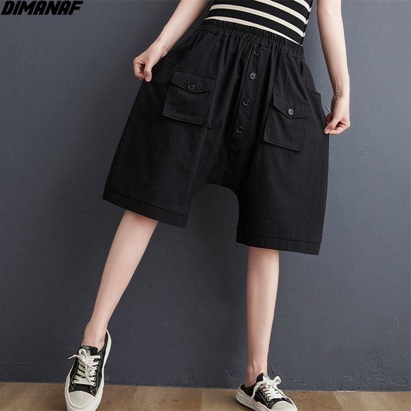 

plus size women pants short harem linen female elastic slacks thin trousers summer black pockets solid 210531, White;black