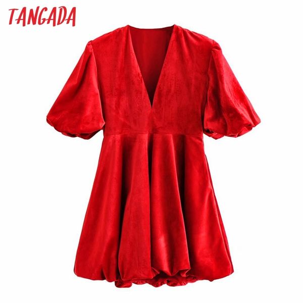 Kadınlar Kırmızı Kadife V Boyun Puf Kısa Kollu Bayanlar Mini Elbise Vestidos Yi15 210416