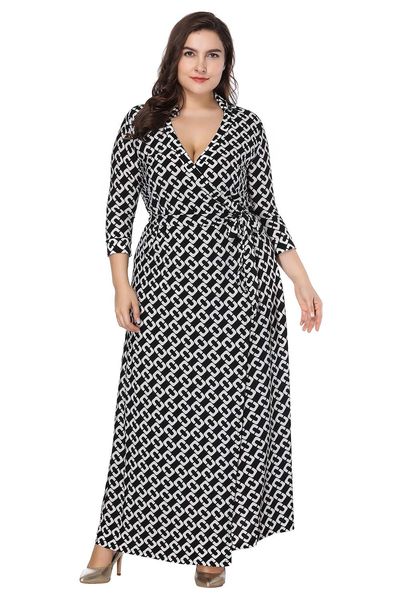 

bofute large size women knit lapel sleeve print dress sq0086, Black