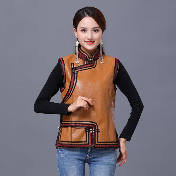 

winter women vest lady elegant waistcoats faux leather mongolian qipao coat stand collar tang suit ethnic clothing oriental traditional oute, Black;white