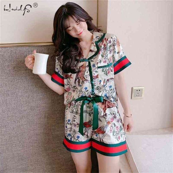 

women pajamas sleepwear set summer short sleeve pijamas nightwear two pieces silk satin printing pyjamas suit 210330, Black;red