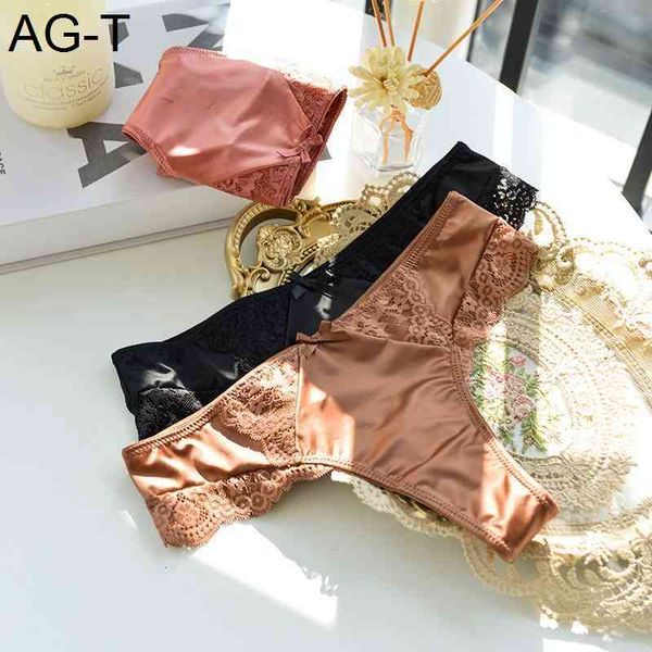 

high-end silky underwear women thongs hollow lace seduction triangle satin medium low-waisted t-less women's panties, Black;pink
